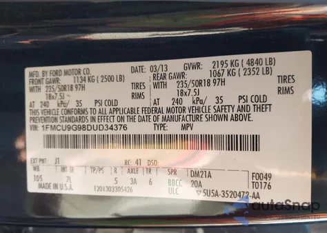 2013 Ford Escape Se z USA, uszkodzony, nr VIN 1FMCU9G98DUD34376